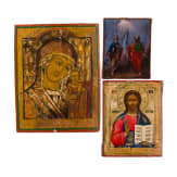 Three icons showing the Kazanskaya Mother of God, Christ Pantokrator and Saint Apostles Peter and Paul, Russia, late 19th century
