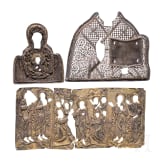 Three silver oklad fragments: Silver filigree fragment of a Saint, Silver filigree fragment of the Mother of God of the Sign and silver-gilt fragment of feast icon, Russia, 19th century