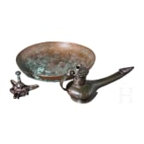 Oil lamp with long spout, small oil lamp with three spouts, bowl with inscription and animal depictions, late Seljuk to early Ottoman, 14th&ndash;15th century