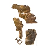 Frontal plate made of bronze sheet from a Roman helmet with an inscription, along with four fragments of an armour clasp, Roman, 2nd &ndash; early 3rd century A.D.