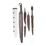 Drei fr&uuml;hmittelalterliche Messer und sechs bronzene Scheidenbeschl&auml;ge eines Sax 6. - 7. Jhdt. n. Chr. , sp&auml;tmittelalterliches Messer des 15. Jhdts. und Bauernwehr des 16. Jhdts.