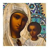 Ikone mit der Gottesmutter Iwerskaja mit Vermeil-Oklad mit Cloisonn&eacute;-Email-Nimben, Russland, Ende 19. Jhdt. (Ikone), Moskau, 1908-1917 (Oklad)