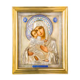 Ikone mit der Gottesmutter Wladimirskaja, mit Vermeil-Champlev&eacute;-Email-Oklad im Kiot, Russland, Ende 19. Jhdt. (Ikone), Moskau, Dmitrij Alexandrow, 1889 (Oklad)