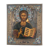 An icon showing Christ Pantokrator with silver and cloisonn&eacute; enamel riza, Russia, Moscow, Alexander Krivovichev, 1908 (basma)