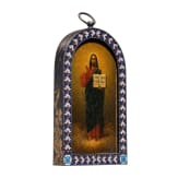 A Russian icon showing Christ Pantocrator with silver and cloisonn&eacute; enamel basma, Moscow, Pavel Ovchinnikov, 1896-1908