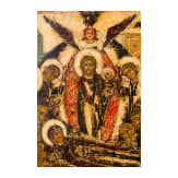 An icon showing the Dormition of the Mother of God with silver basma, Russia, 18th century