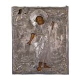 A rare icon showing Prophet Saint Elijah with silver oklad, Russia, mid 19th century (icon), Kursk, G. Shang, 1857 (oklad)