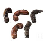 Five Indonesian keris handles, Sumatra/Java/Sulawesi/Sumbawa, 19th/20th century