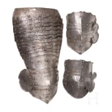A right cuisse and two knee buckles for Flemish cuirassier's armour, ca. 1620