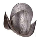 A Victorian miniature burgonet with etched decoration in 1580s style