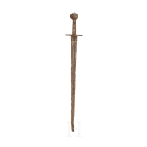 A German knightly sword with disc pommel and inlaid blade inscription, mid-14th century