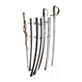 A small collection of edged weapons and scabbards