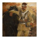 Theodor Rocholl (1854 - 1933), Wounded cuirassier in the sunset, dated 1908