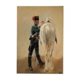 Theodor Rocholl (1854 - 1933) - Preu&szlig;ischer Husar sattelt seinen Schimmel, um 1900