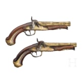 A pair of percussion travel pistols in a case, Brunon in Caen, circa 1780
