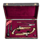 A pair of percussion travel pistols in a case, Brunon in Caen, circa 1780