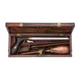 Schwere Perkussions-Stiefelpistole im Kasten, fl&auml;misch, um 1860