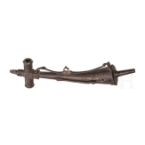A German iron priming powder flask with wheellock wrench, circa 1600