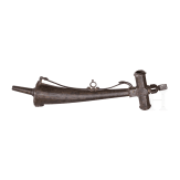 A German iron priming powder flask with wheellock wrench, circa 1600