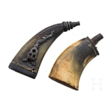 Two German horn powder flasks, 17th/18th century