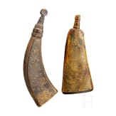 Two German engraved powder flasks, 18th century