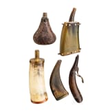 Five German powder flasks, 18th/19th century