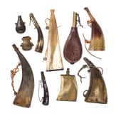 Set of seven powder flasks with accessories, 19th century