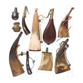 Set of seven powder flasks with accessories, 19th century
