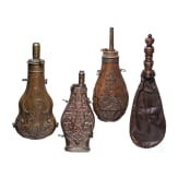 Three German/English copper powder flasks and a shot pouch, 19th century