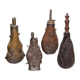 Three German/English copper powder flasks and a shot pouch, 19th century