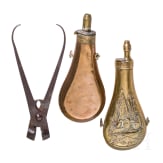 A pair of ball pliers and two powder bottles, German/Great Britain, 19th century