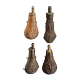 Four German and English powder flasks, 19th century