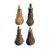 Four German and English powder flasks, 19th century