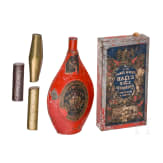 Two big English powder bottles and three shot container, circa 1900