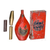 Two big English powder bottles and three shot container, circa 1900