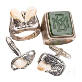 A pair silver and grandel (teeth) cufflinks, a silver and grandel ring and a silver and nephrite ring with monogram