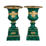 A pair of large, French malachite and ormolu-mounted vases with art nouveau mascarons, 20th century
