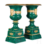 A pair of large, French malachite and ormolu-mounted vases with art nouveau mascarons, 20th century