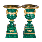 A pair of large, French malachite and ormolu-mounted vases with art nouveau mascarons, 20th century