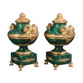 A pair of monumental malachite and ormolu-mounted vases with rams