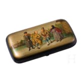 A papierm&acirc;ch&eacute; and lacquer box showing dancing peasants, Russia, Ostashkovo, Osip Vishyakov and Sons factory, 1882 - 1888