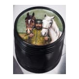 A papierm&acirc;ch&eacute; and lacquer tobacco box "Cavalry Officer Holding Two Horses", Ostashkov, Osip Vishyakov and Sons factory, 1872-88