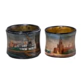 Two Russian papierm&acirc;ch&eacute; and lacquer napkin rings showing Moscow Kremlin and the Red Square, Ostashkovo, Osip Vishyakov and Sons factory, 1882 - 1888