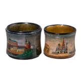 Two Russian papierm&acirc;ch&eacute; and lacquer napkin rings showing Moscow Kremlin and the Red Square, Ostashkovo, Osip Vishyakov and Sons factory, 1882 - 1888