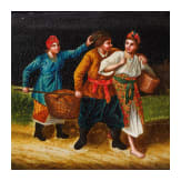 A large Russian papierm&acirc;ch&eacute; and lacquer casket with peasants, Ostashkovo, Osip Vishyakov and Sons factory, 1882 - 1885