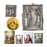 Four finift icons, one small mother of pearl icon with Godfather and two small icons with silver oklad, Russia, late 19th century