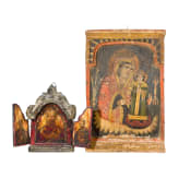 A central panel of a triptych showing the Mother of God "the fading rose", Greece, 18th century / A triptych showing Saints Nicholas, Peter and Paul, modern