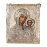 An icon showing the Kazanskaya Mother of God with silver oklad, Russia, 19th century (icon), Moscow, Ivan Zacharov, 1881/82 (oklad)