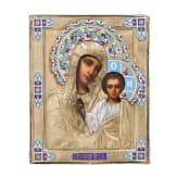 A Russian icon showing the Kazanskaya Mother of God with silver-gilt oklad with cloisonn&eacute;-enamel appliques, late 19th century (icon), Moscow, Ivan Alekseevitch Alekseev (oklad), enamel later