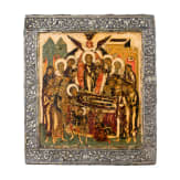 An icon showing the Dormition of the Mother of God with silver basma, Russia, 18th century